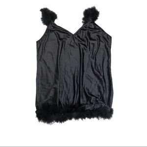 Black Satin Feather Trim Slip Dress